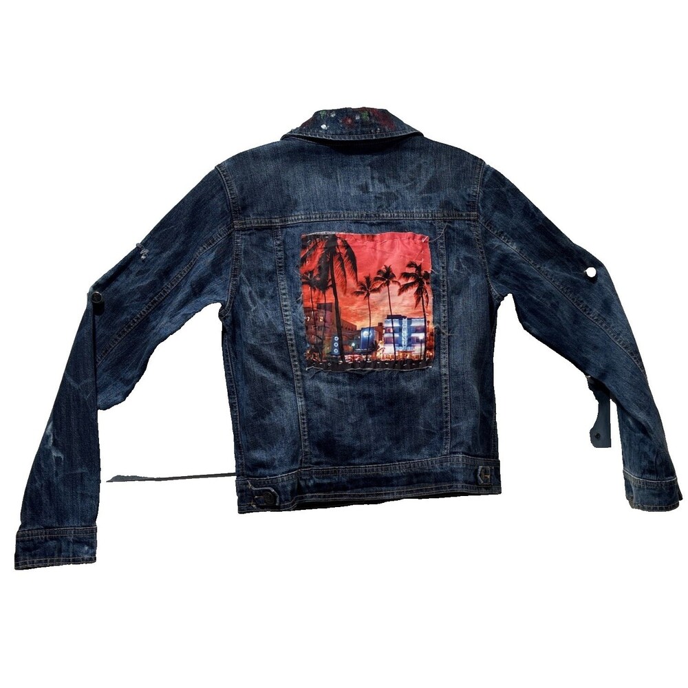 Blue Jean Denim Jacket Hand Painted Embellished Miami Cityscape Pocket Unique